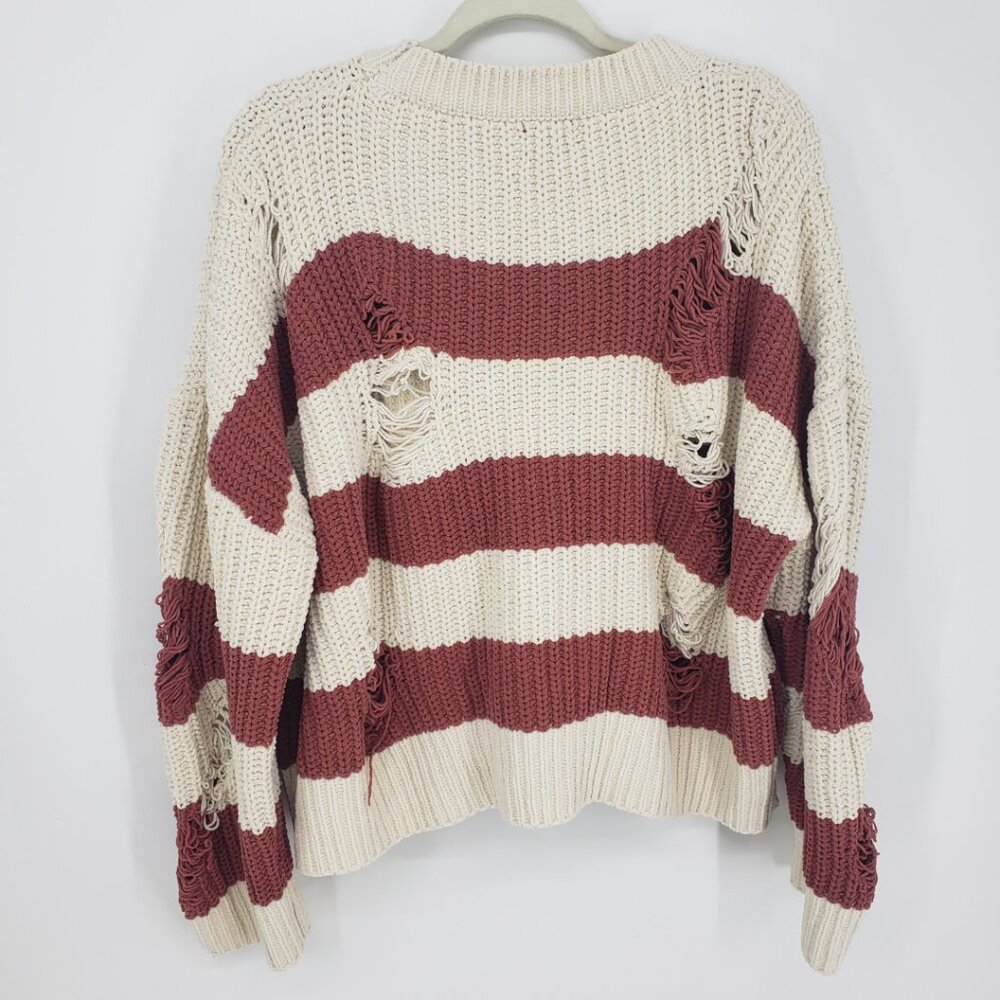 POL Distressed Striped Chenille Sweater Women M Cream Oversized Chunky Grunge - Picture 2 of 7